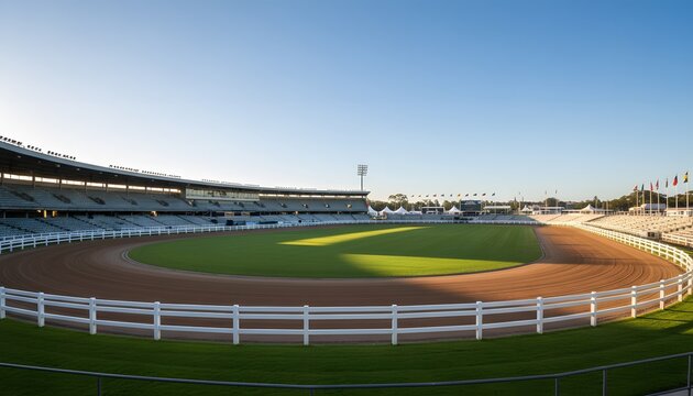 Empty showground arena bathed in early morning light, showcasing the grand scale of an event venue, perfect for a Sydney Royal Easter Show concept.