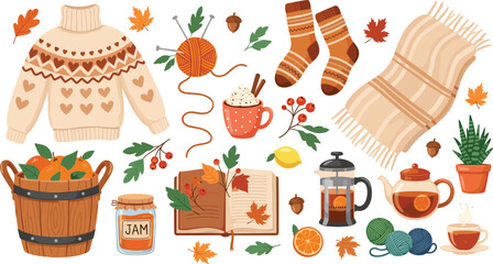 Cozy Autumn Hygge Elements Set with Sweater Socks Tea Book Pumpkins and Fall Seasonal Decorations © Sumon Creative