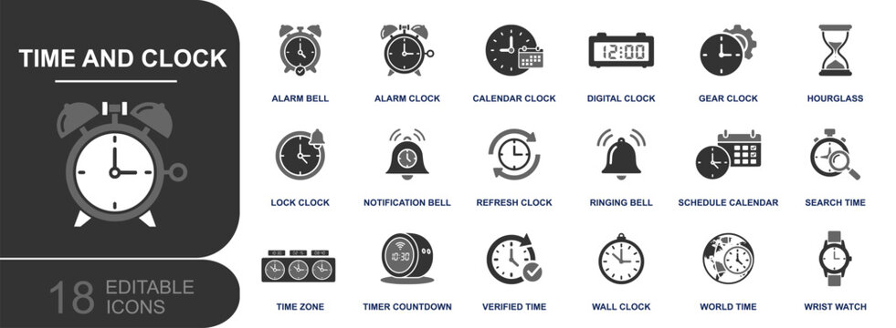 Time and clock icon set. Containing alarm, bell, digital clock, calendar, timer, countdown, hourglass, time zone, world time, wristwatch and more. Solid fill vector icons collection.