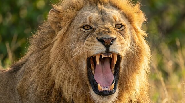 Powerful male African lion yawning with wide open mouth showing tongue and teeth, extreme close-up wildlife portrait with natural blurred background, professional nature photography showcasing predato