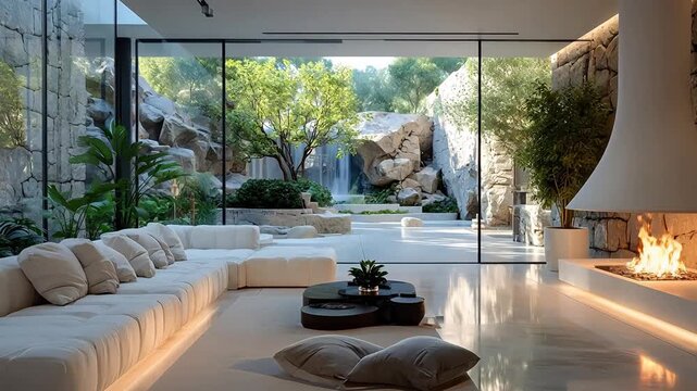 Breathtaking minimalist luxury living room featuring a sweeping modular white sofa and a hanging fireplace overlooking a lush courtyard.