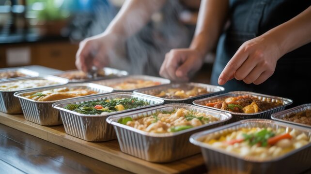 Ready to eat hot meals in aluminum foil containers for delivery or catering service