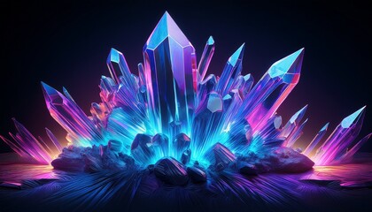 Luminescent Ultraviolet Crystals Glowing In The Dark Surreal And Magical Crystal Formation