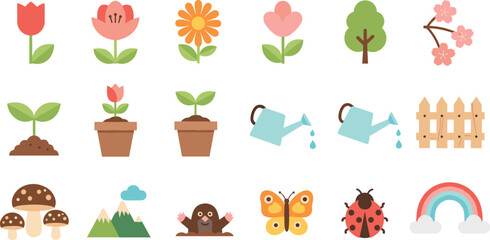 Cute Garden Icons Set with Flowers Plants Watering Cans Mushroom Rainbow and Spring Nature Elements © Sumon Creative