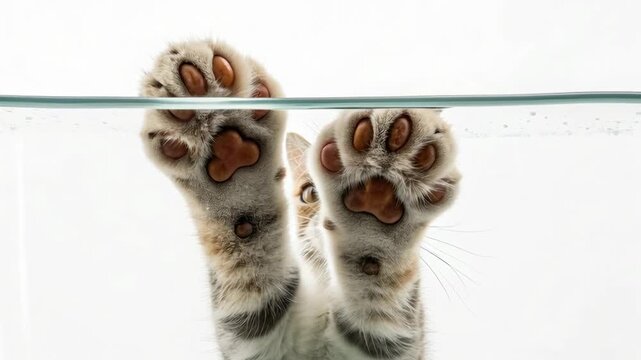 Playful cute kitten cat paw pad on glass surface white background funny feline pet animal
