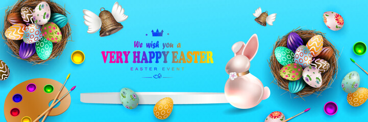 Naklejka premium Happy Easter. A festive blue arrangement with a cute bunny, paints, and brushes.