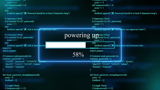 progress bar shows 100% percent of powering up on a background of computer code programming on text background. 4k animation