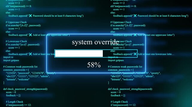 progress bar shows 100% percent of system override on a background of computer code programming on text background. 4k animation