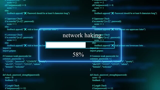 progress bar shows 100% percent of  network hacking  on a background of computer code programming on text background. 4k animation 