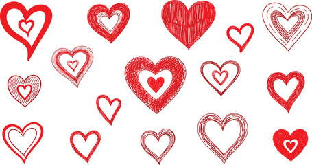 Hand drawn red heart collection in sketch style isolated on white background love and valentine vector illustration