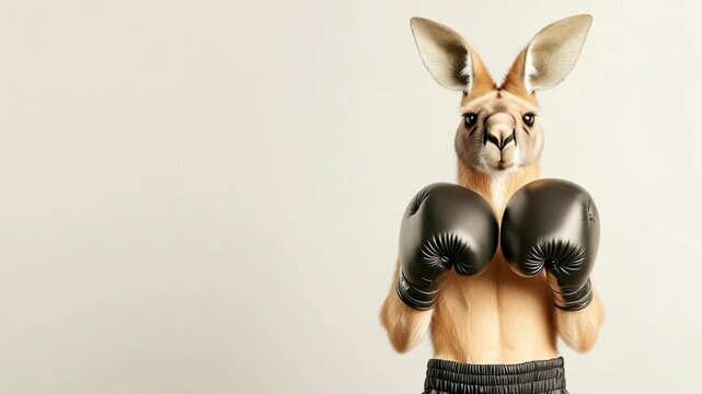 Funny kangaroo boxing glove animal character ready for fight with humor on beige background