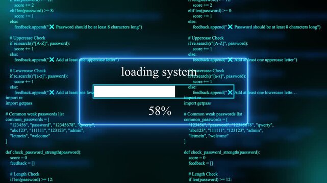 progress bar shows 100% percent of  loading system on a background of computer code programming on text background. 4k animation 