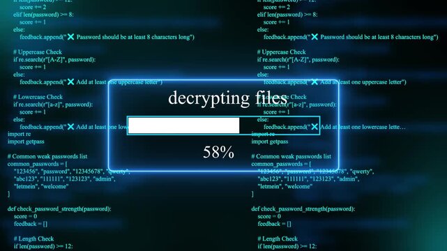 progress bar shows 100% percent of  decrypting files on a background of computer code programming on text background. 4k animation 