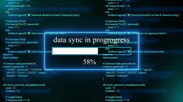 progress bar shows 100% percent of  data sync in prorogues on a background of computer code programming on text background. 4k animation 
