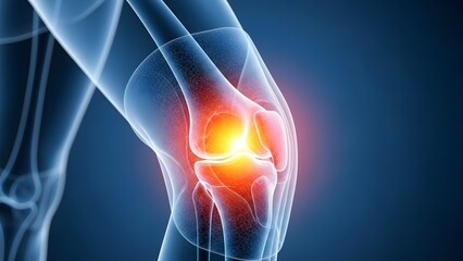 Obraz premium Glowing red pain area on a human knee joint. Orthopedic health and sports injury. Medical illustration of knee inflammation and cartilage stress in a human leg.