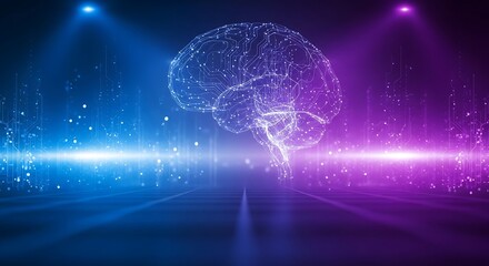 Perspective view of glowing blue digital circuit floor with data spikes for supercomputing and high speed brain AI