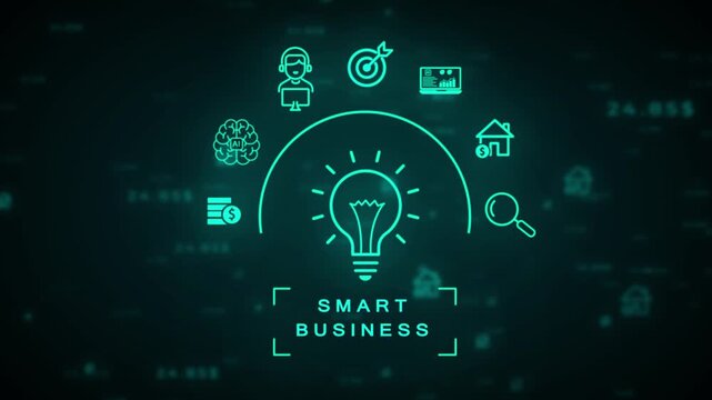 Vibrant neon teal light bulb signifying a smart idea or solution with associated business and technology set against a dark, digitally blurred background