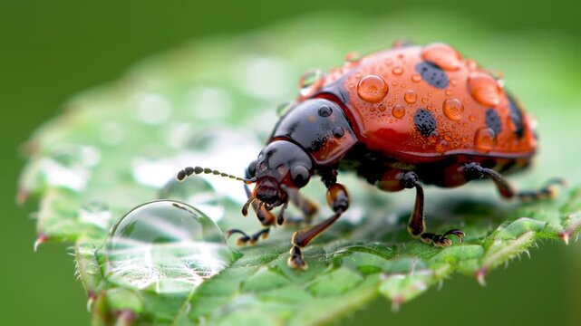 A close-up showcases a ladybug on a leaf, adorned with water droplets. The vibrant green background creates contrast and highlights the insect's detail