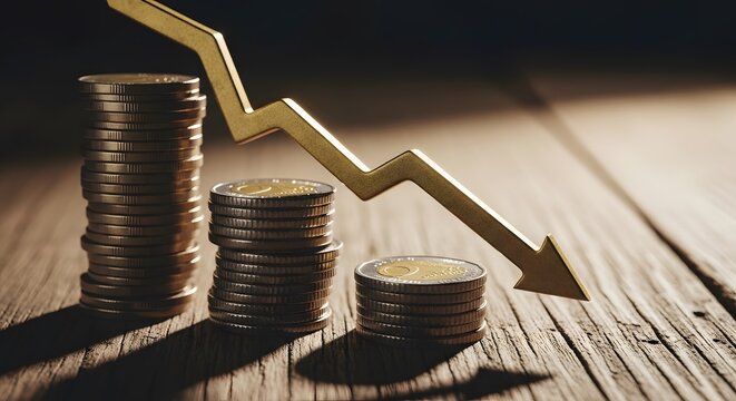Gold arrow pointing down over stacks of silver coins. Financial recession and market crash. Economic downturn showing decreasing value of currency on a wooden table.
