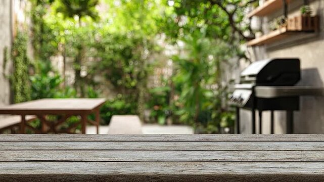 Empty wooden table surface with a blurred green garden and barbecue grill