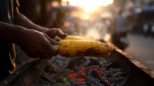Street vendor grilling corn on the cob over hot coals at sunset.