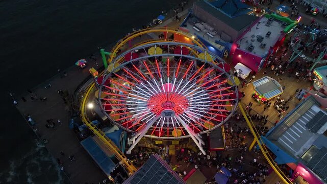 A 4k night shot captured with the drone showcasing the ferris wheel and majority of the Santa Monica pier