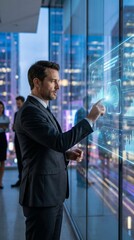 Fototapeta premium Businessman Interacting with Futuristic Holographic Interface in Modern Office with Cityscape View