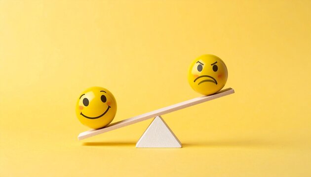 Smiley face balls on seesaw showing emotional balance