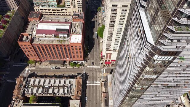 Chicago USA Revealing Drone Shot of Downtown Neighborhood, Condo Towers and Buildings