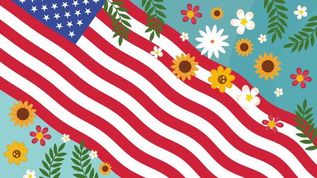 american flag pattern with beautiful sunflowers and green leaves on blue background