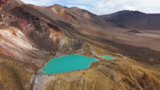 Tongariro Volcanic Landscape and Turquoise Crater Lakes. Aerial