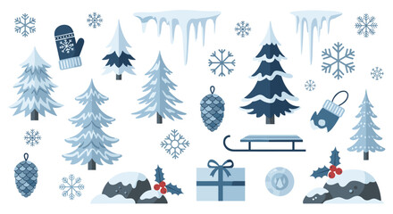 Fototapeta premium Festive Winter Holiday Elements Collection Featuring Snowflakes Christmas Trees Icicles Pine Cones Holly and Sled