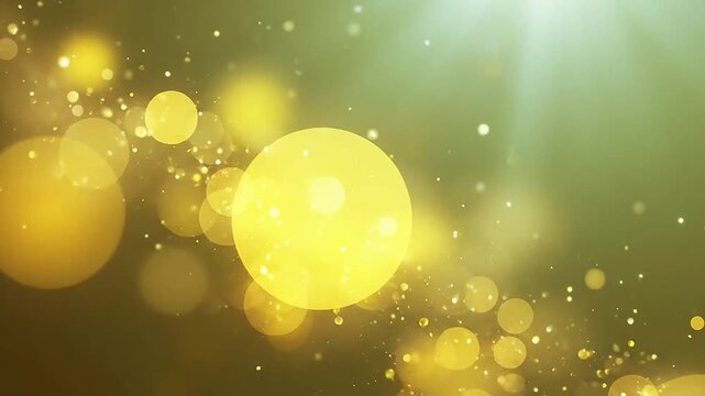 Golden bokeh lights and shimmering particles illuminate a festive green-gold