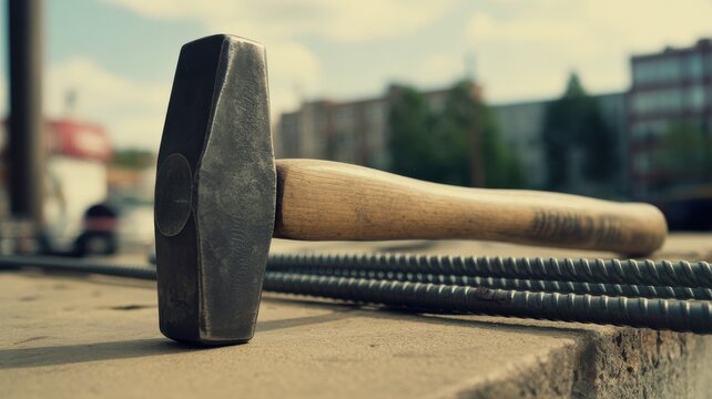 Close-up of a heavy hammer resting on reinforcing steel rods at construction area