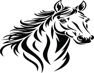 Majestic horse head silhouette, elegant tribal animal portrait, stallion mane flowing, artistic equine vector graphic illustration © Momin