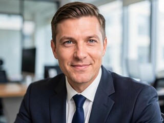 Fototapeta premium close up business man behind blurred meeting, sharp face detail, suit tie, office glass reflections