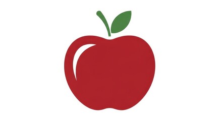 Fototapeta premium A solid deep red apple icon with a small green stem and leaf is perfectly centered on a white background.