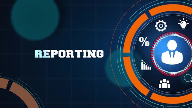 Corporate data reporting and business performance analytics strategy concept on a professional digital blue background with glowing icons for organizational success