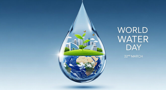 Creative illustration of Earth and a green city inside a water drop