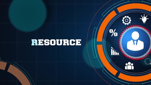 Strategic business resource management and corporate asset allocation concept on a high tech digital blue background with glowing icons for professional growth