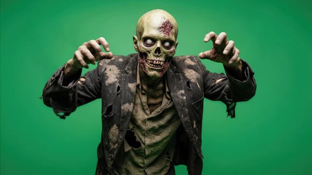 Terrifying Zombie Man with Ripped Clothes Lunging Forward on Green Screen Background