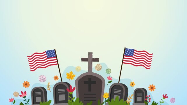 collection of military tombstones with small american flags and colorful spring flowers