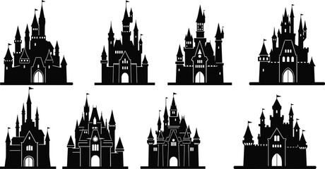 Black silhouette castle icon set featuring eight unique medieval fortress designs with towers, turrets, spires, and flags for fantasy, history, and architectural projects © Mstmaymunakhatun