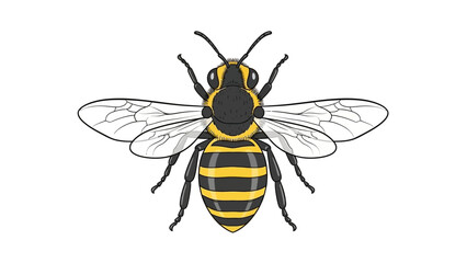 Illustration of a honey bee with wings spread on a white background.