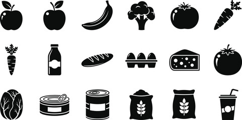 Black Thanksgiving silhouette vector icon set featuring turkey pumpkin autumn maple oak leaves grapes apples and acorns isolated on white background for seasonal harvest design © Mstmaymunakhatun