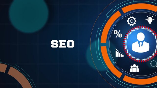Modern search engine optimization and digital marketing strategy concept on a high tech blue background with glowing icons for professional corporate growth