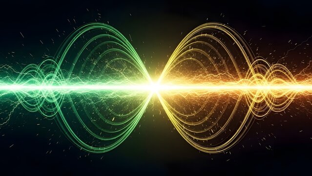 Quantum physics and wave energy oscillation. Double helix frequency and electromagnetic field. Symmetrical glowing light waves spiraling and colliding in a dark void