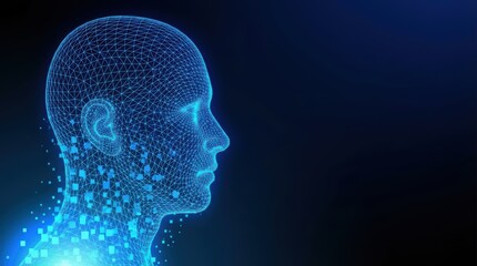 Digital human head visualization formed by data particles representing artificial intelligence technology concept