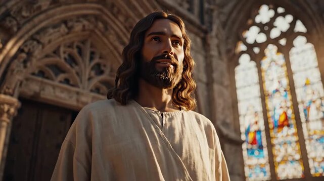 Biblical Reenactment In Cathedral, Soft Sunlight Through Stained Glass, Medieval Stone Arches, Longhaired Bearded man In Flowing Robe Standing Near Altar, Contemplative Expression, Warm Golden.