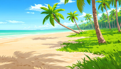 Fototapeta premium Tropical beach scene with palm trees blue sky and sandy shoreline